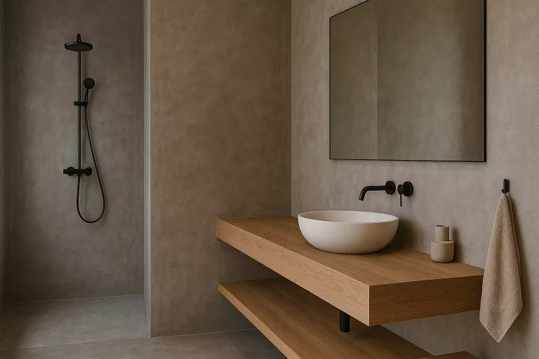 salle de bain en béton ciré moderne avec douche italienne et décoration chaleureuse