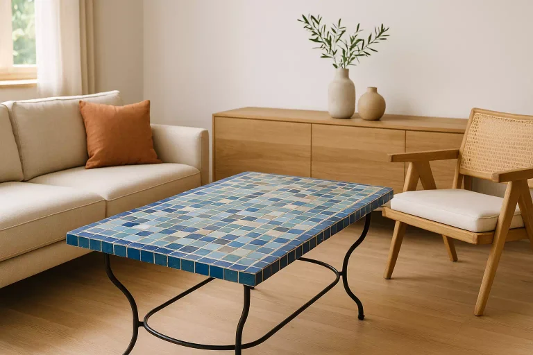 table zellige artisanale dans un salon lumineux