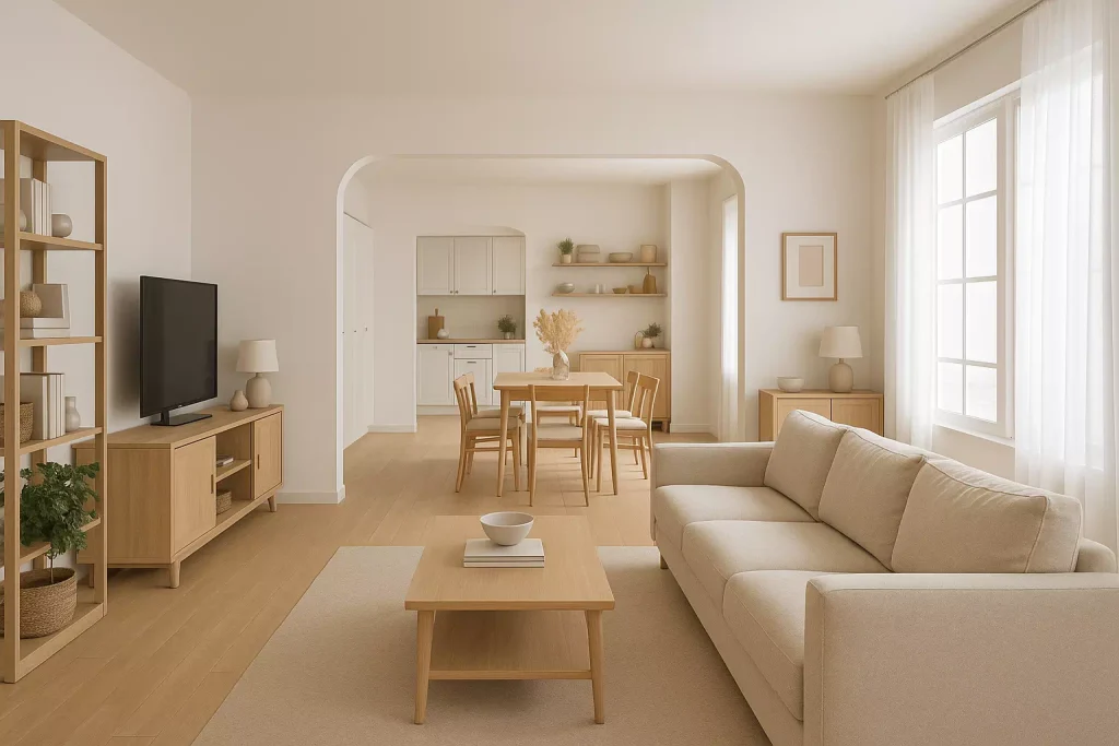 Aménagement intérieur moderne avec espaces ouverts, circulation fluide et organisation fonctionnelle du séjour et de la salle à manger.