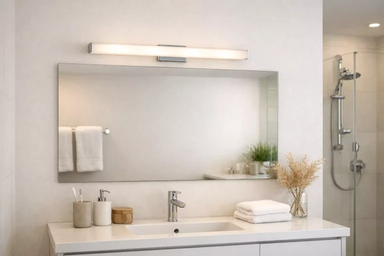 Applique murale installée dans une salle de bain moderne offrant un éclairage fonctionnel et sécurisé autour du miroir