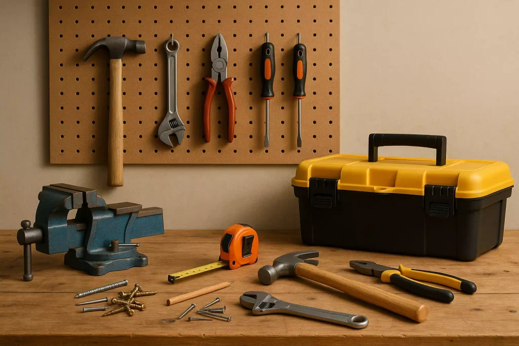 Établi de bricolage avec outils essentiels organisés, illustrant le bricolage maison et les projets DIY accessibles.