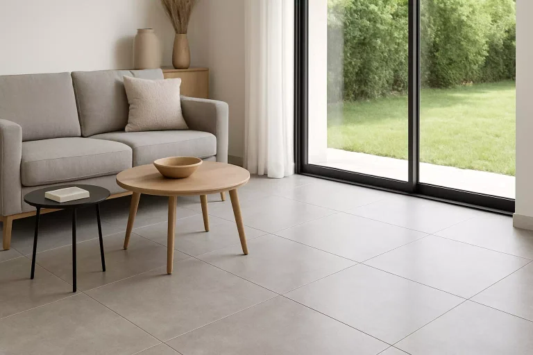 carrelage effet béton dans un intérieur moderne avec sol minéral et grands carreaux