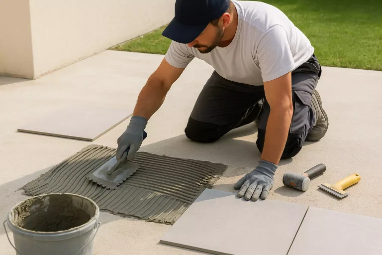 application colle carrelage extérieur sur terrasse en rénovation