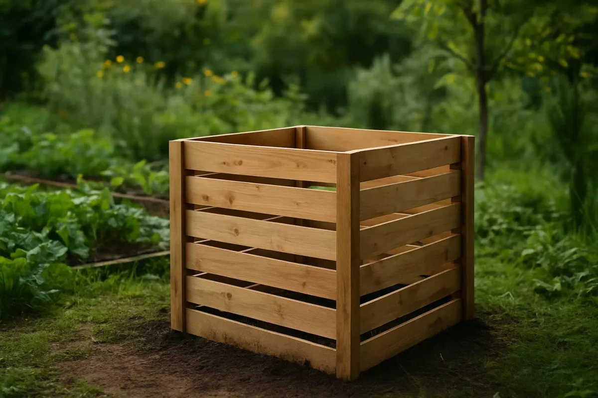 Composteur en bois installé dans un jardin pour le recyclage des déchets organiques
