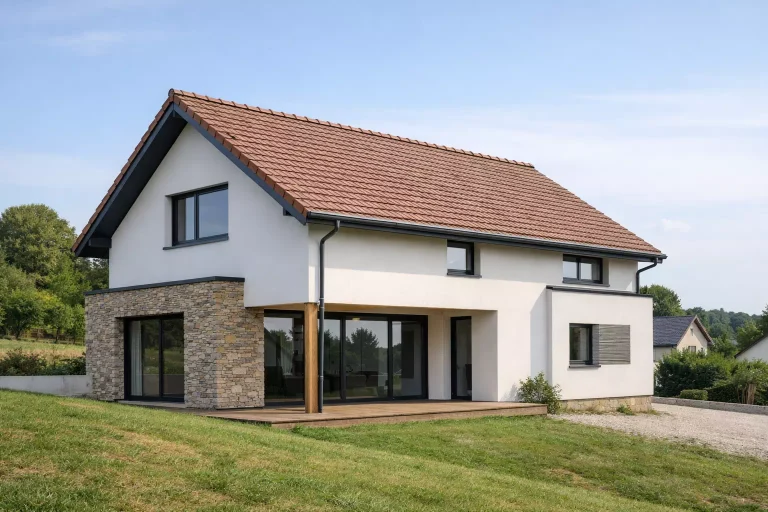 Hauteur de faîtage d’une maison individuelle avec toiture à deux pans vue en perspective