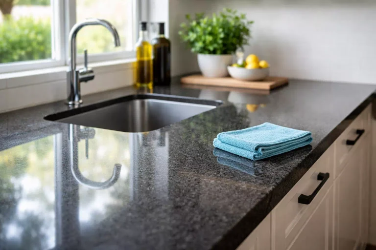nettoyer un plan de travail en granit dans une cuisine moderne avec des gestes adaptés