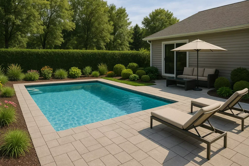 Piscine extérieure aménagée dans un jardin résidentiel, intégrée à l’espace extérieur de la maison
