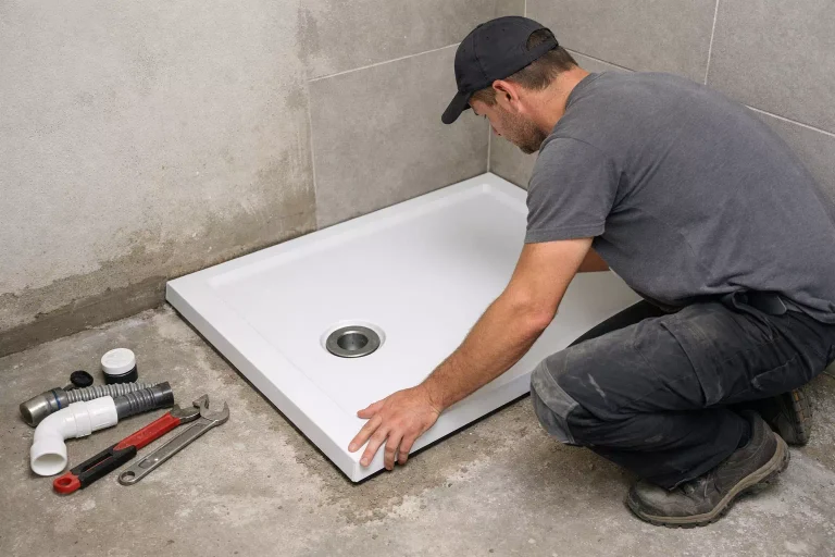 Pose d’un receveur de douche dans une salle de bain lors de travaux de rénovation