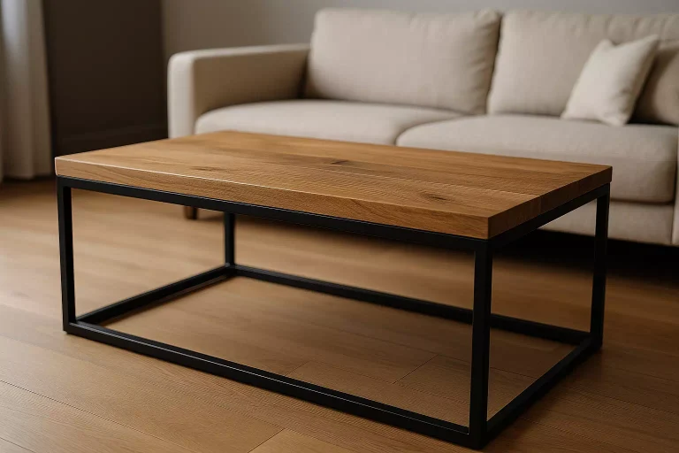 table basse bois et métal dans un salon moderne et chaleureux
