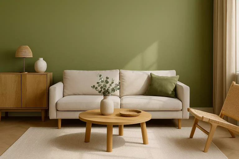 décoration intérieure moderne avec mur vert olive et ambiance naturelle