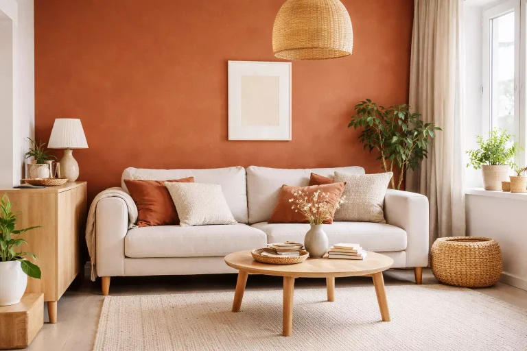 Associer la couleur terracotta avec des teintes naturelles dans un salon lumineux