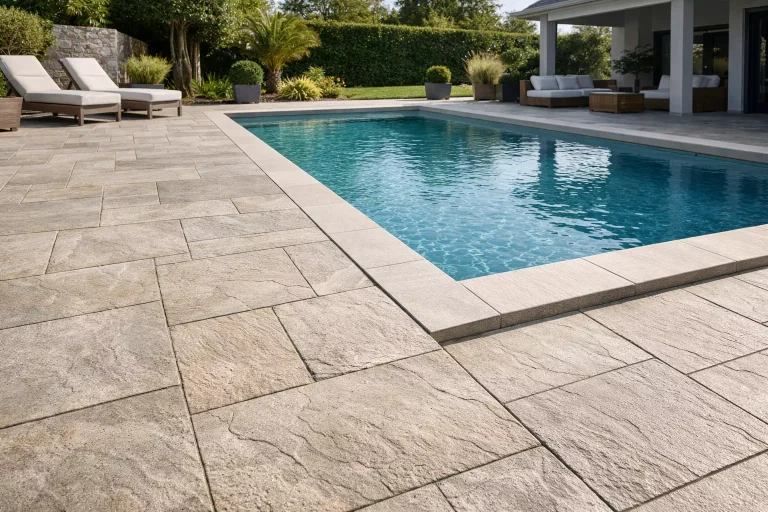 plage de piscine en béton imprimé antidérapant avec finition décorative et rendu pierre naturelle
