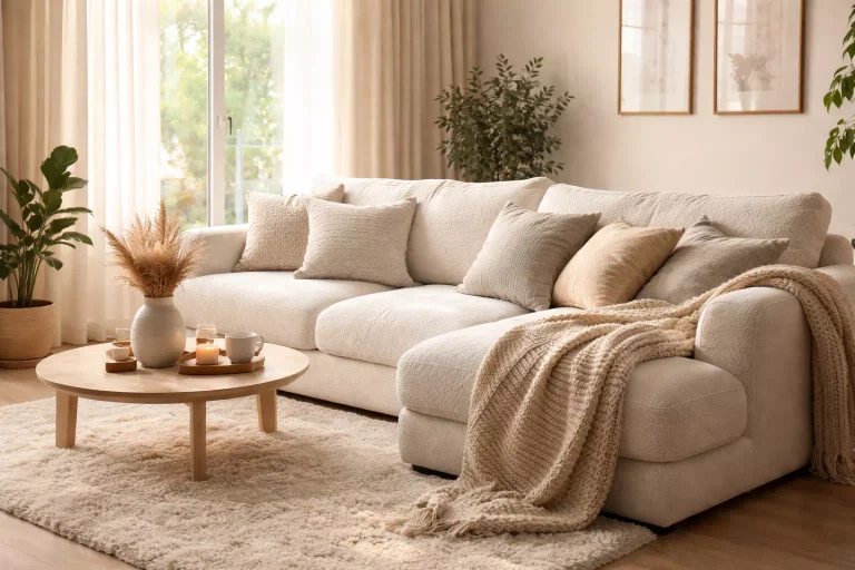 canapé cocooning confortable dans un salon cosy et chaleureux