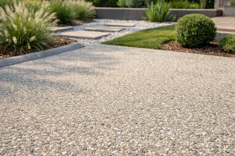 Couleur béton désactivé avec granulats naturels beige et gris pour aménagement extérieur harmonieux