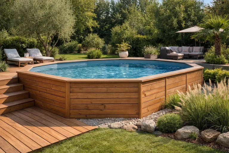 habiller piscine hors sol avec un bardage bois pour une intégration esthétique dans le jardin