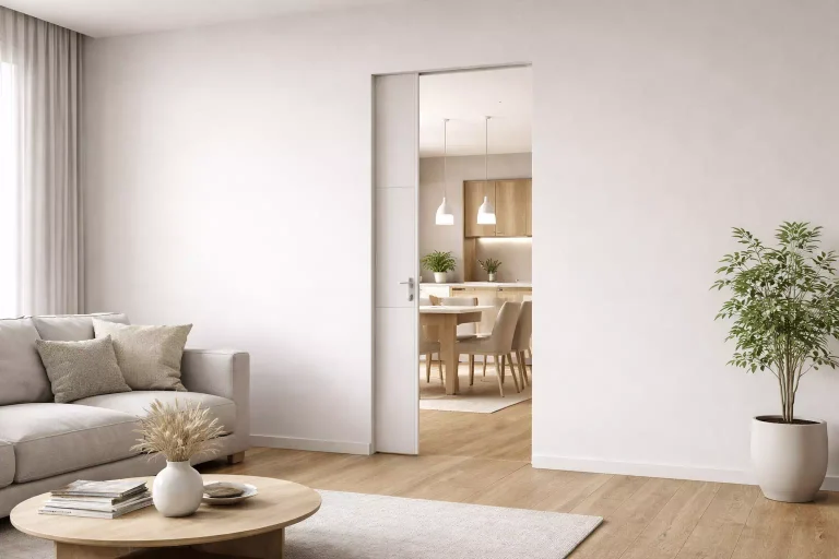porte coulissante intégrée au mur dans un intérieur moderne et épuré