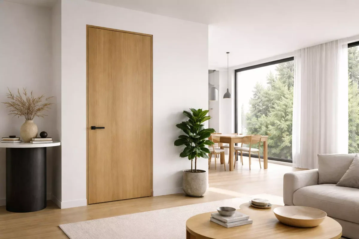 porte en bois moderne intérieur intégrée dans un espace contemporain épuré et lumineux