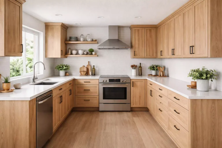 relooking d’une cuisine rustique en chêne modernisée avec bois clair et plan de travail contemporain