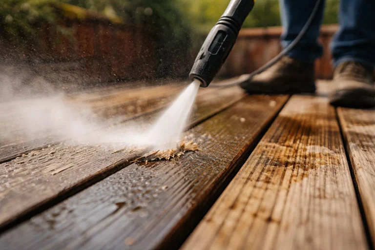 comment nettoyer terrasse en bois avec brosse et surface partiellement décrassée