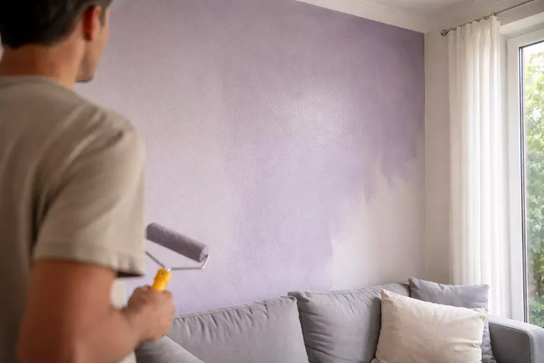 Salon moderne aux murs couleur parme créant une ambiance douce, lumineuse et élégante dans une décoration intérieure contemporaine.