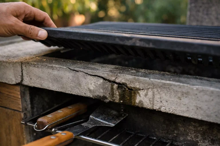 Cuisine d’été à faire soi-même en bois et béton dans un jardin avec plan de travail et barbecue intégré