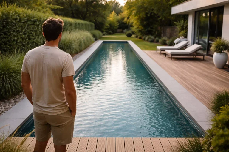 Piscine linéaire moderne rectangulaire intégrée dans un jardin contemporain avec terrasse en bois et lignes épurées