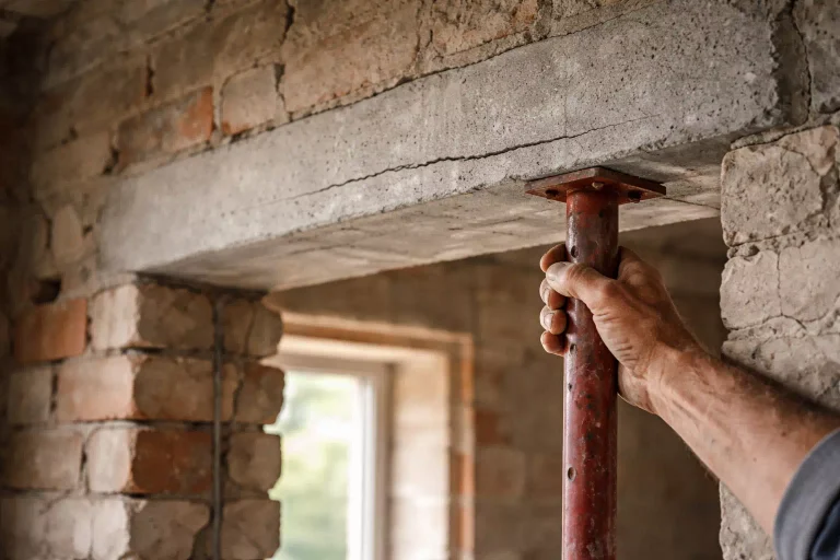Linteau béton armé installé au dessus d’une ouverture dans un mur porteur en rénovation avec étais de soutien visibles