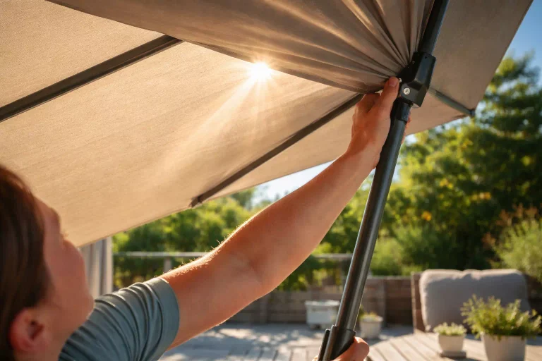 Parasol anti UV déployé sur terrasse en bois protégeant efficacement du soleil et des rayons ultraviolets