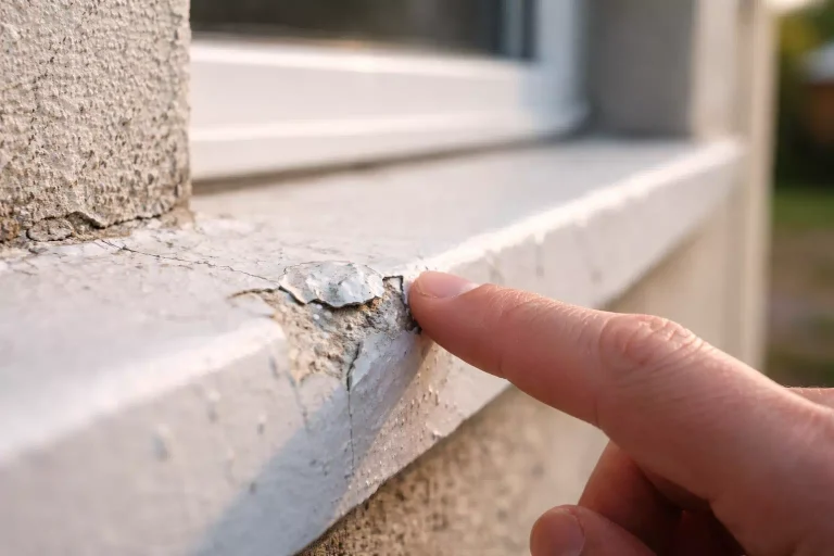 Peindre appui de fenêtre extérieur en béton avec pinceau et peinture façade résistante