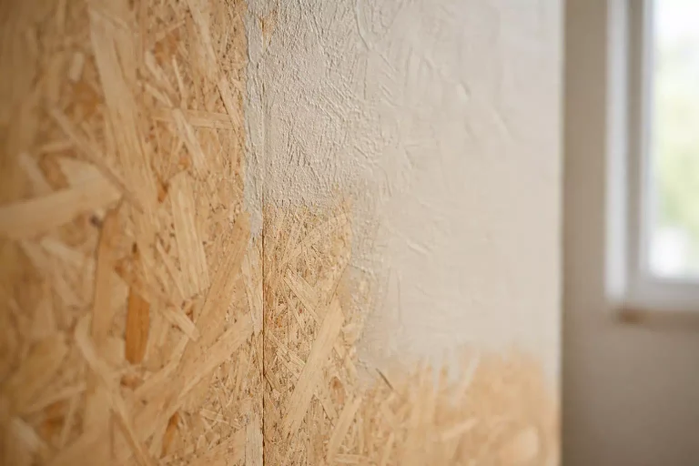 Peinture appliquée sur un panneau OSB mural montrant la différence de rendu entre surface brute et surface peinte