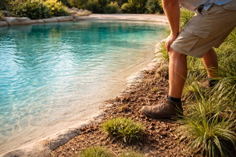 Piscine lagon avec plage immergée et eau turquoise intégrée naturellement dans un jardin paysager