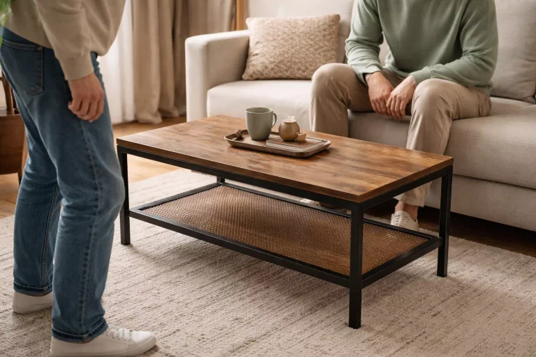 Table basse Maisons du Monde en bois et métal dans un salon moderne lumineux avec canapé beige et décoration harmonieuse