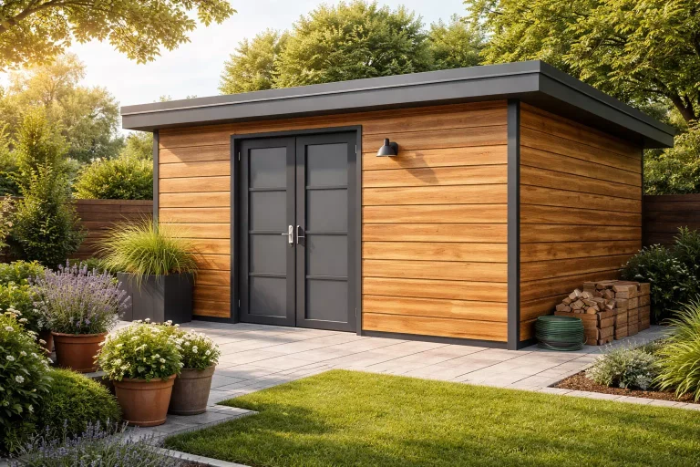 bardage imitation bois posé sur abri de jardin extérieur moderne