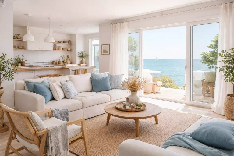 couleurs maison bord de mer La Rochelle décoration intérieure style côtier blanc bleu sable