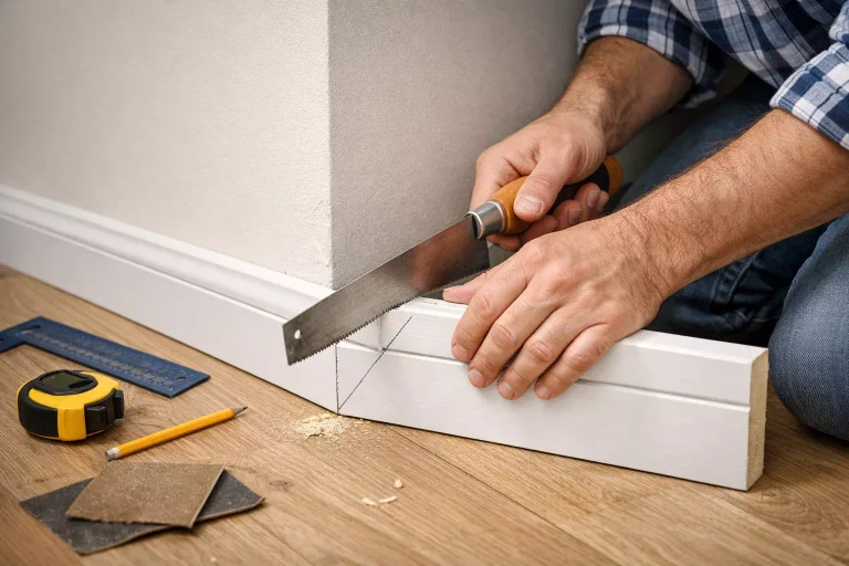 couper plinthe angle sans boite à onglet avec scie manuelle et tracé au crayon pour ajuster une plinthe dans un angle de mur