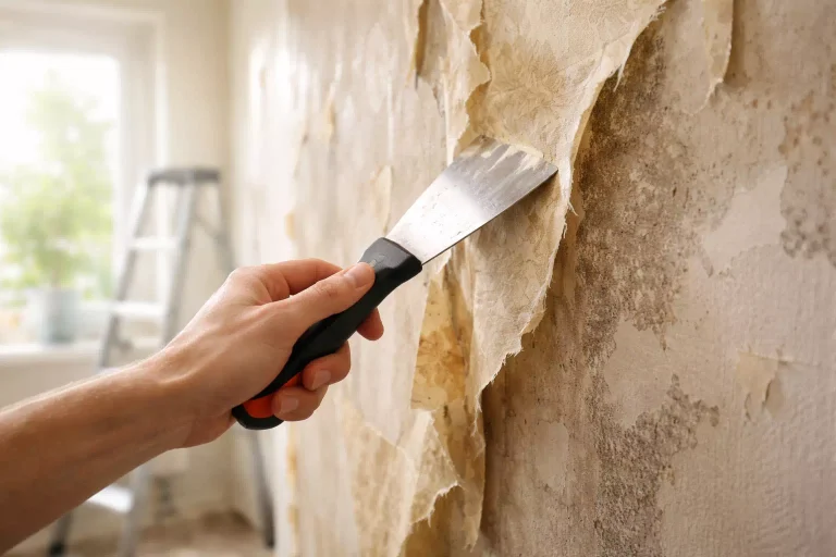 décoller papier peint sur mur intérieur en rénovation avec spatule