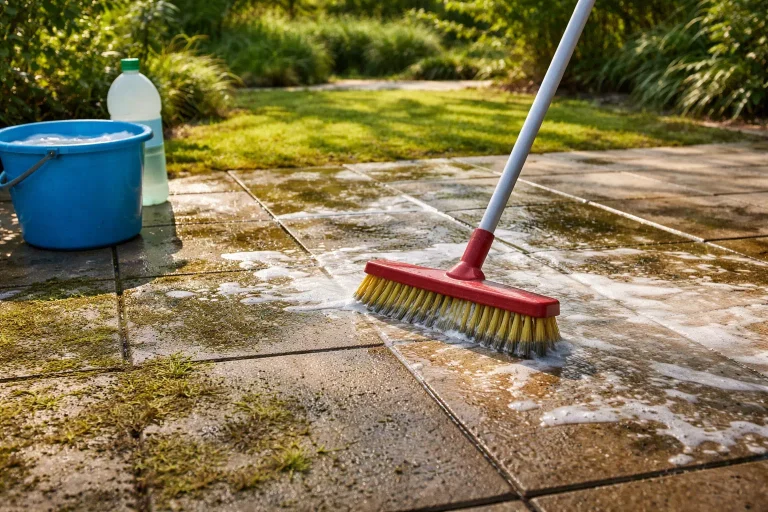 nettoyer terrasse javel sur dalle beton avec brosse et eau pour enlever mousse et taches
