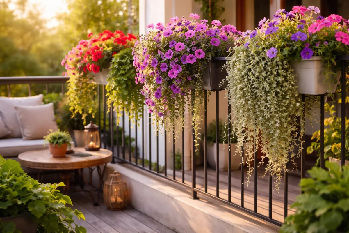 plantes retombantes extérieures en jardinières suspendues sur balcon fleuri