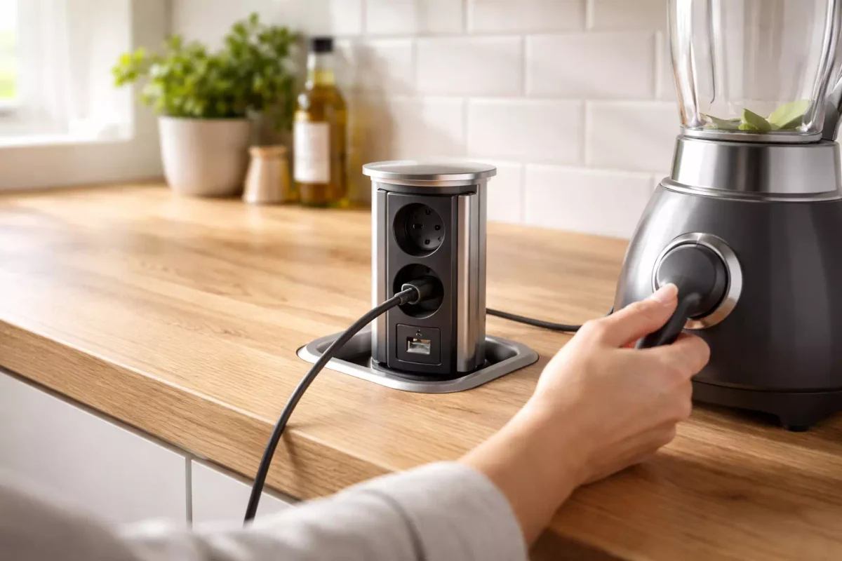 prise encastrable dans plan de travail cuisine moderne avec bloc prise escamotable