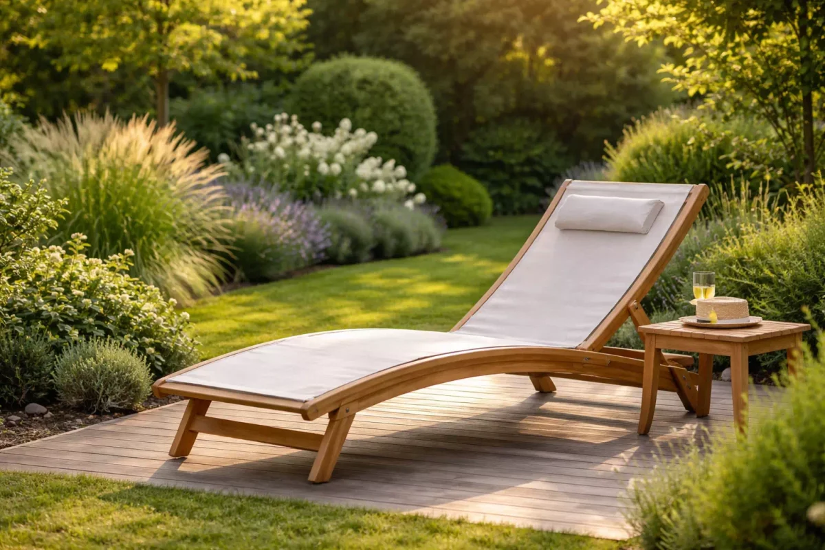 transat bois jardin installé sur terrasse dans un jardin avec chaise longue en bois pour détente extérieure